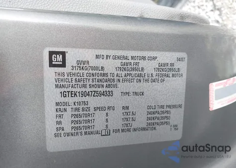 2007 GMC Sierra 1500 Slt from USA, damaged, VIN 1GTEK19047Z594333